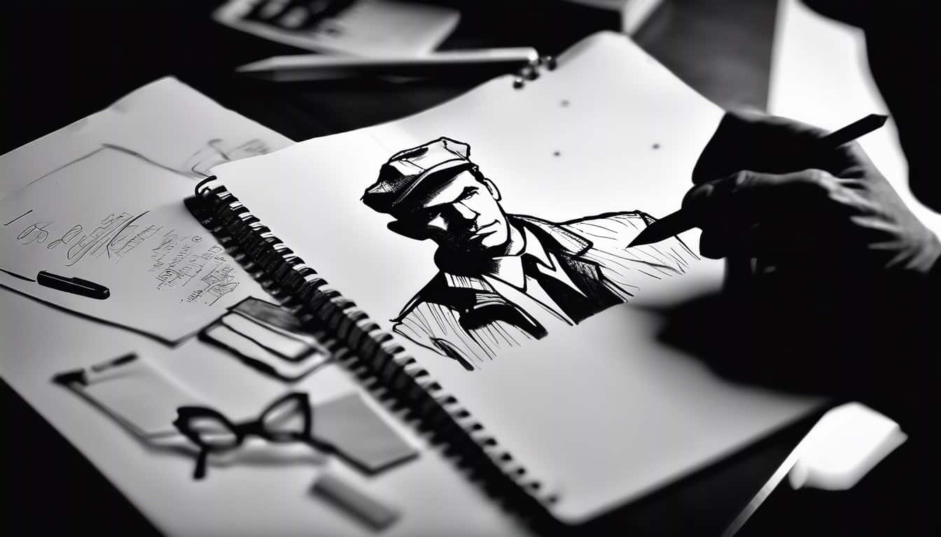 A black and white sketch of a detective with a notepad