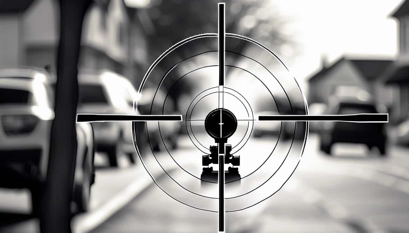 Black and white sketch of a sniper's crosshair over a suburban street