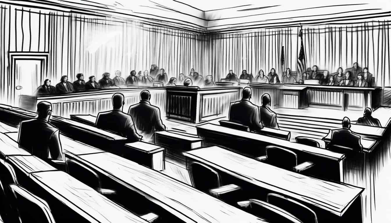 black and white sketch of an overwhelmed courtroom during the West Memphis Three trial