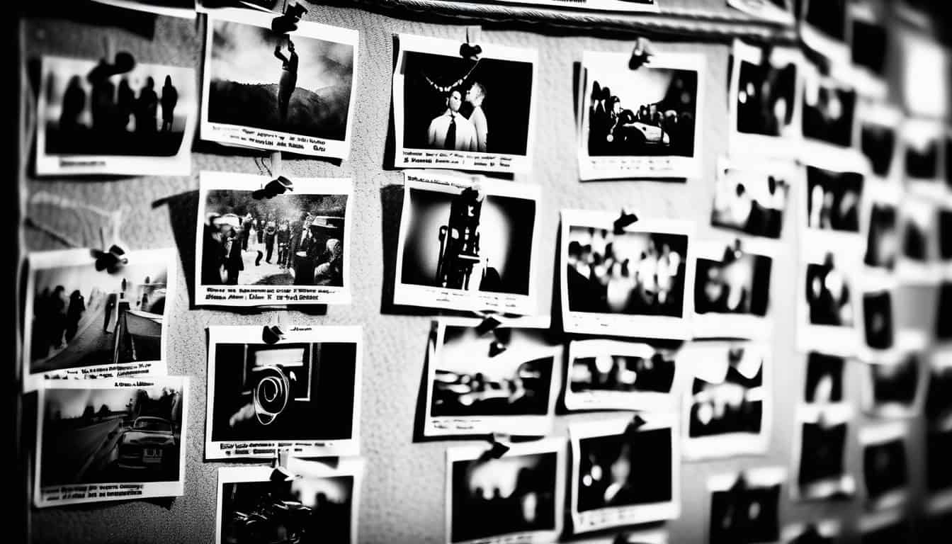 A black and white sketch showing a bulletin board with pinned articles and photos related to Saldivar.