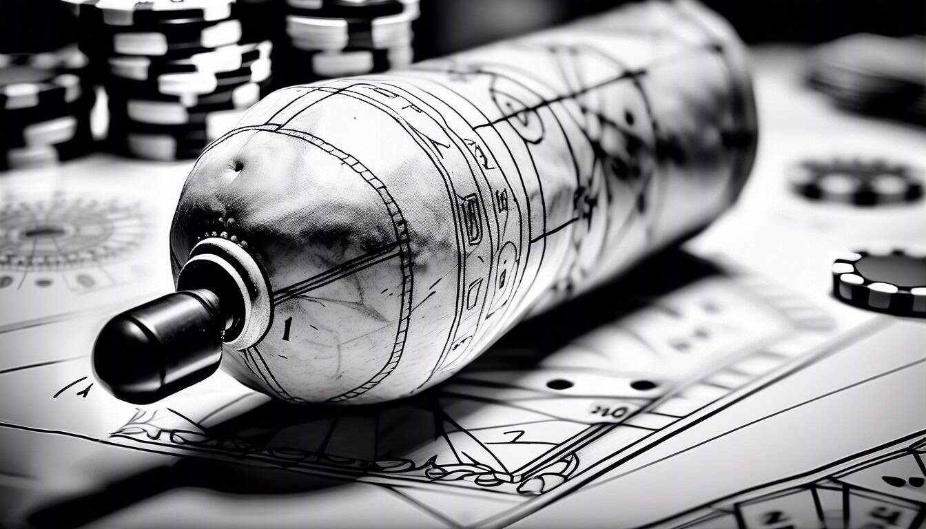 Black and white sketch of a bomb alongside a casino blueprint