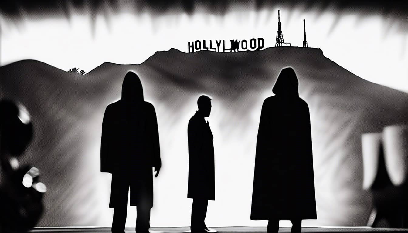 a black and white sketch of five shadowy figures representing different theories, with the Hollywood sign in the background