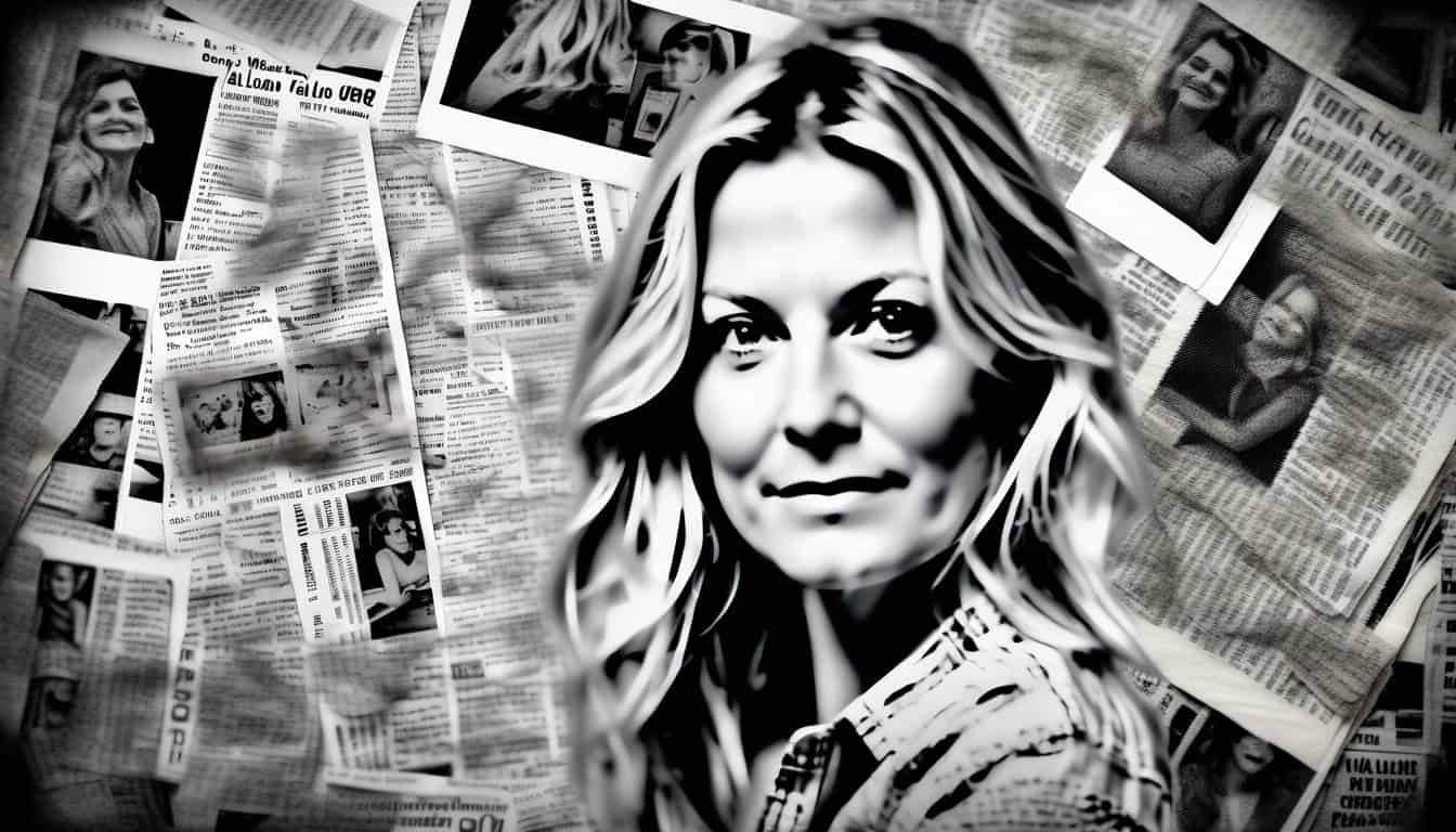 Black and white sketch of Lori Vallow surrounded by newspaper clippings