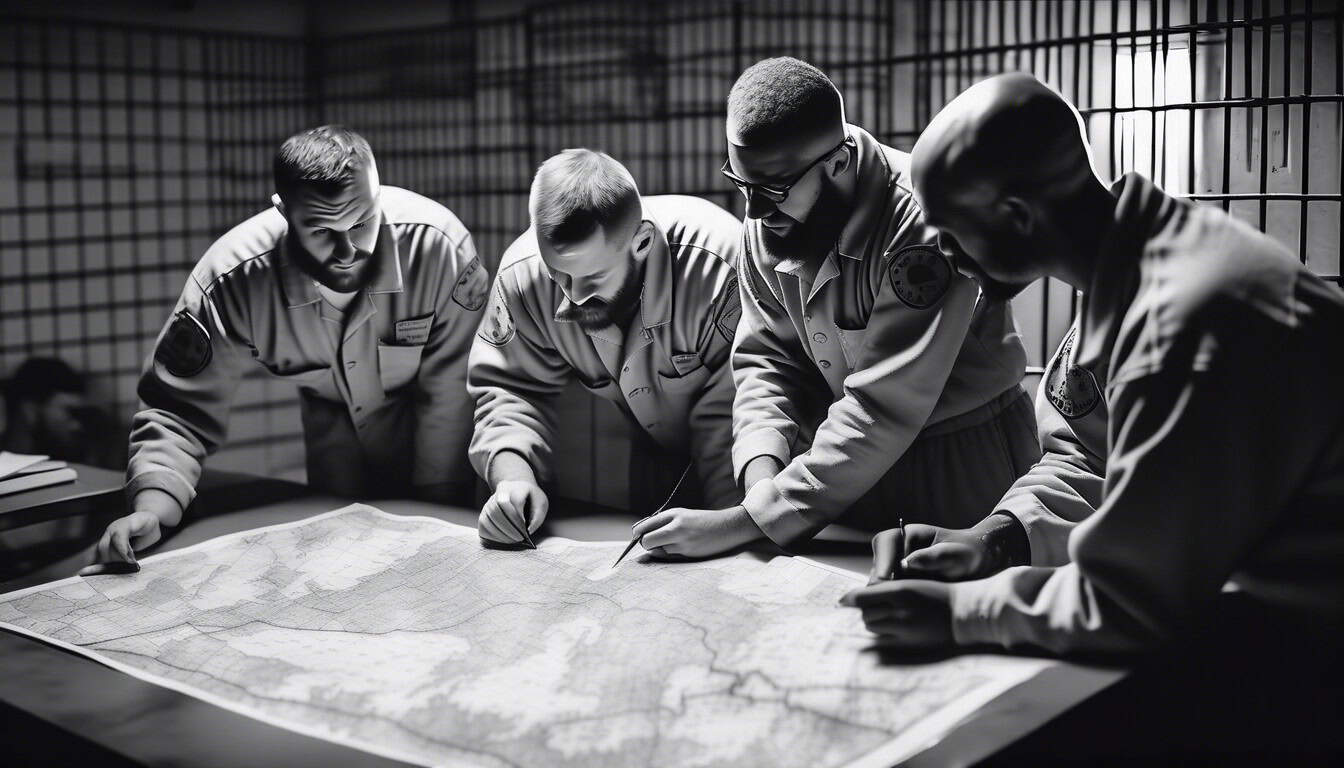 black and white sketch of inmates plotting over a map in a prison cell