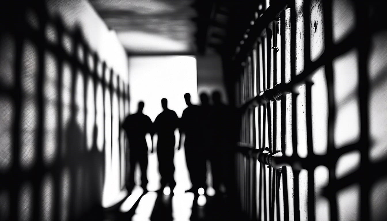 black and white sketch of prisoners' shadows against a prison wall