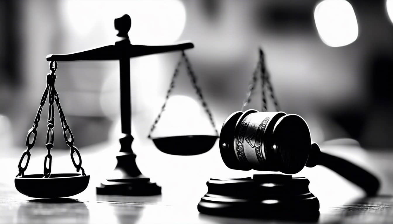 A black and white sketch of a gavel and money scales