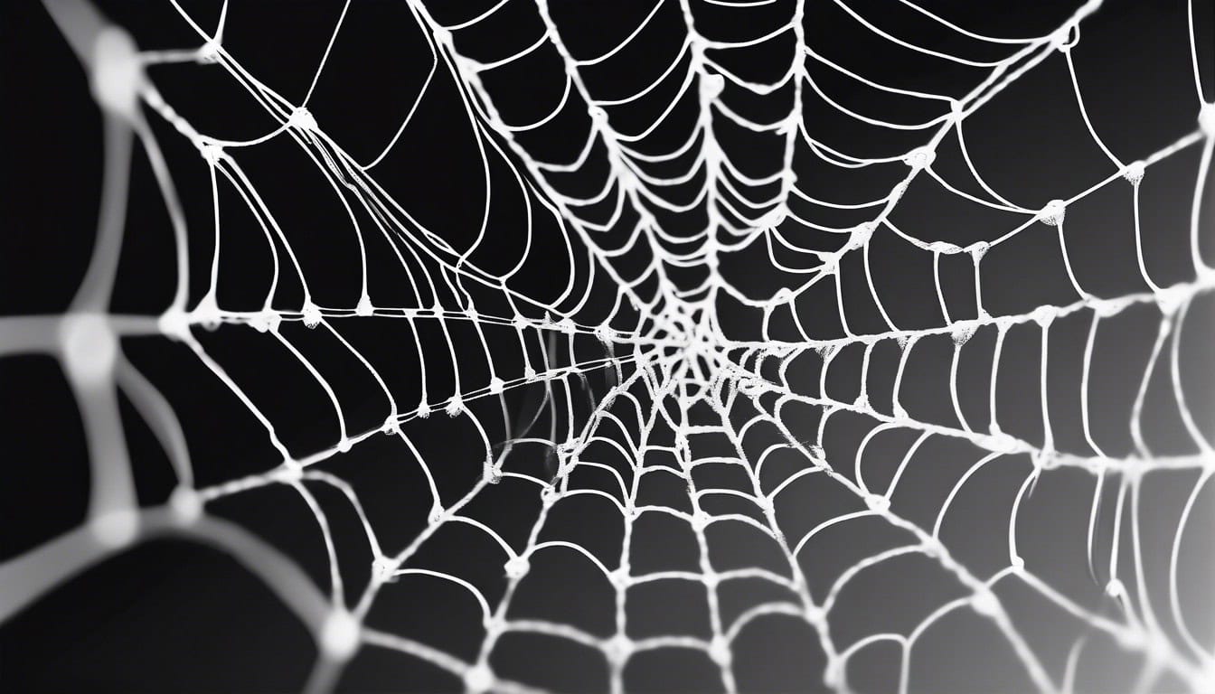 A black and white sketch of a tangled web filled with faces