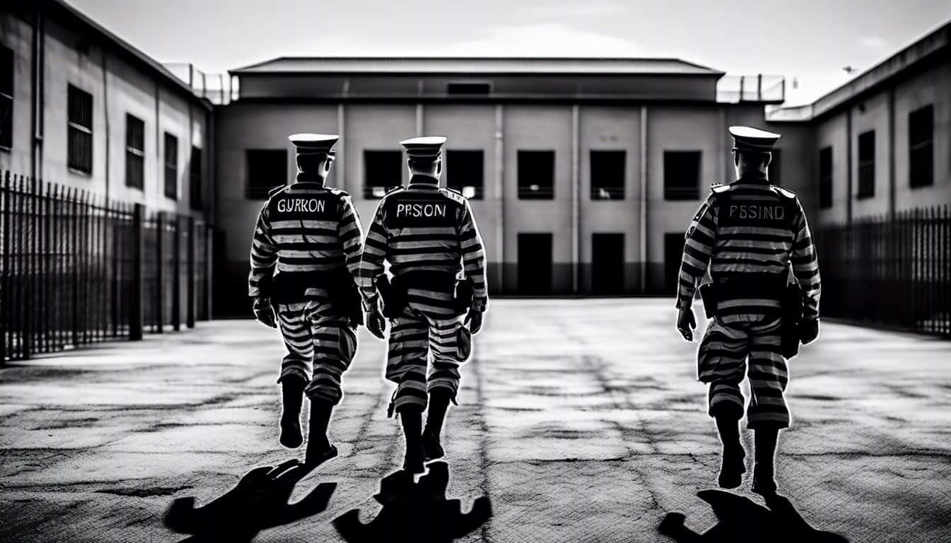 black and white sketch of guards patrolling a tightly secured prison yard