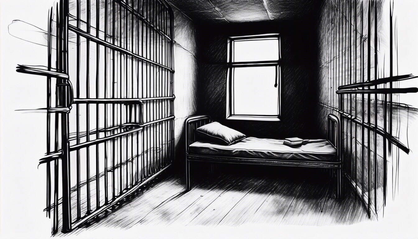 black and white sketch of a solitary prison cell with minimal furnishings