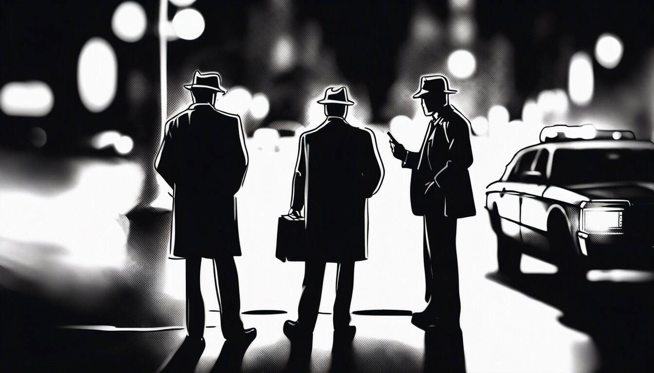 Black and white sketch of detectives working late into the night