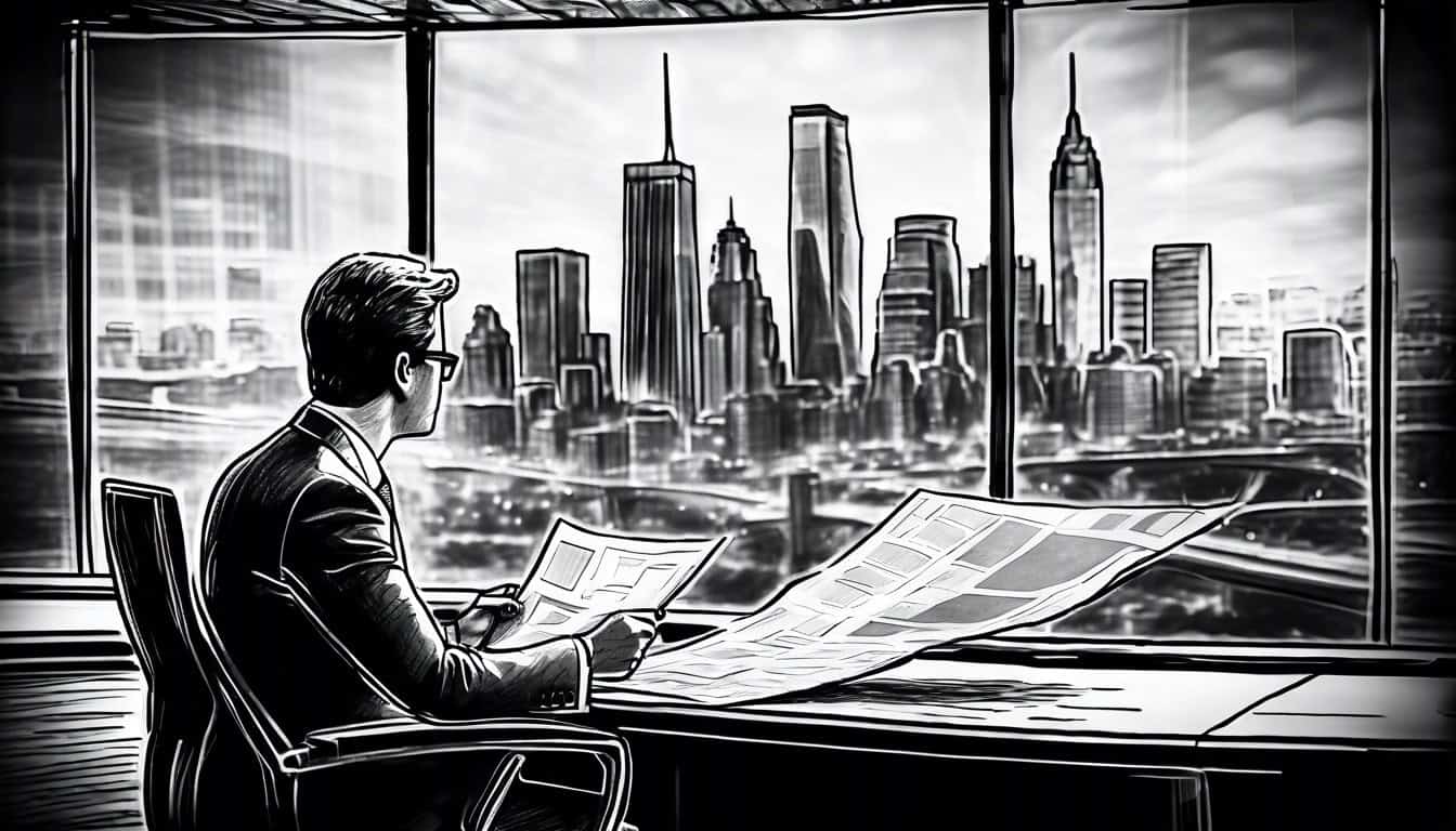 Black and white sketch of a news anchor delivering breaking news with a city skyline backdrop