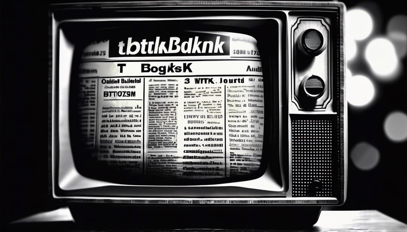 Black and white sketch of a vintage TV screen showing a news bulletin about BTK