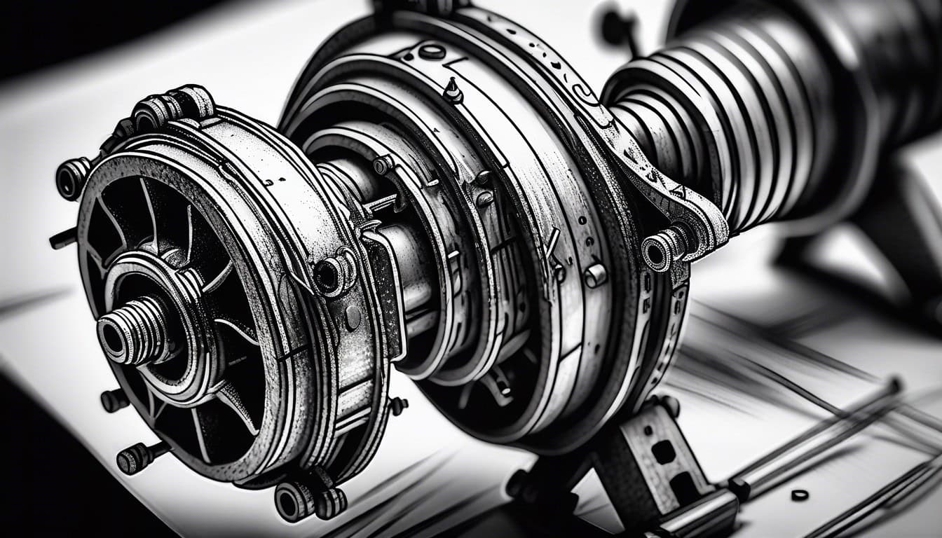 Black and white sketch of an intricate bomb mechanism