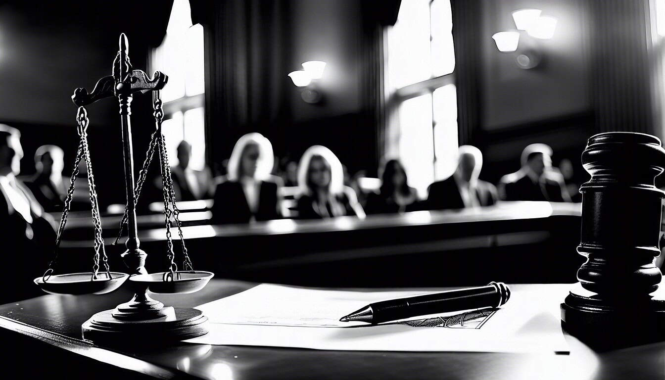 A black and white sketch of a symbolic courtroom scene with scales of justice tilted toward forgiveness.