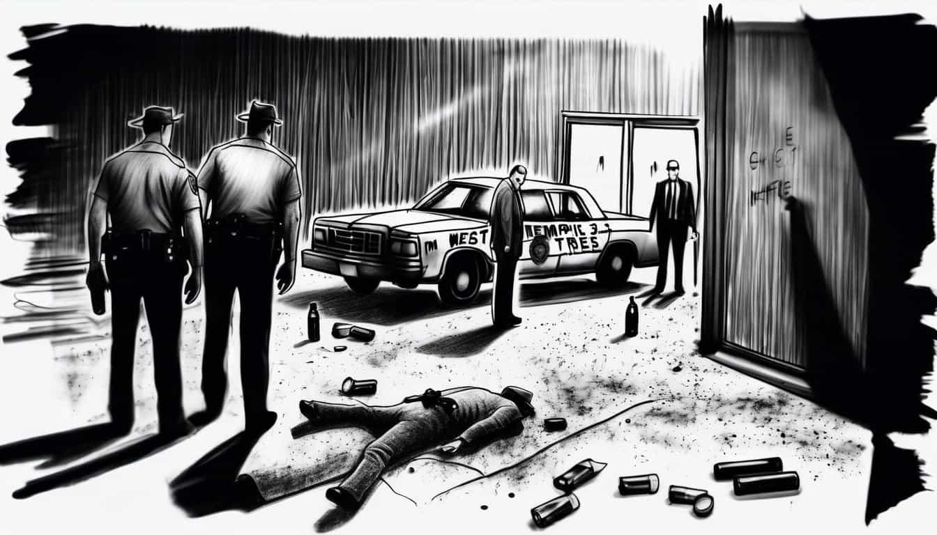 black and white sketch of West Memphis Three crime scene with investigators