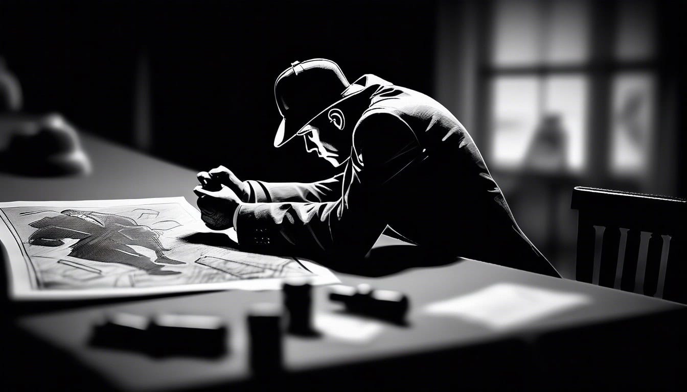 Black and white sketch of a detective pondering over a crime scene