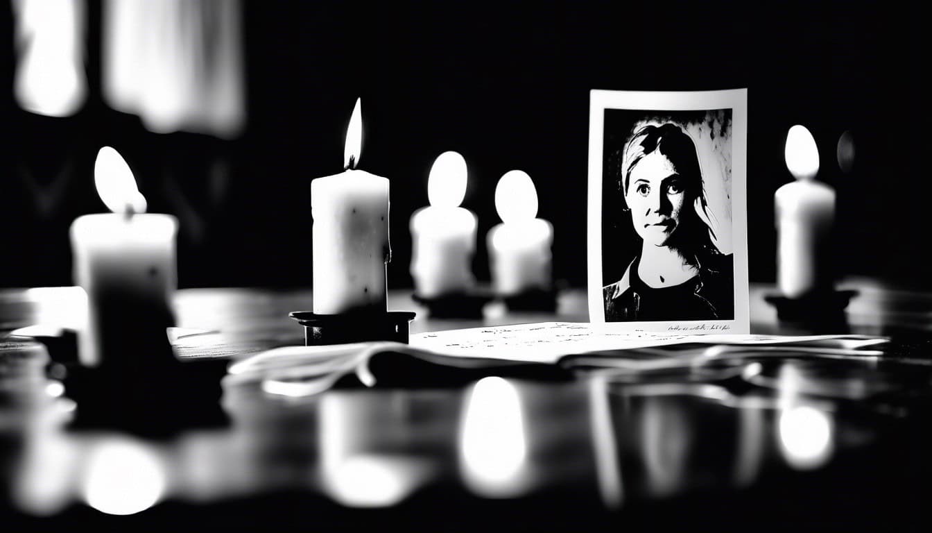 Black and white sketch of a memorial with candles and victim photographs