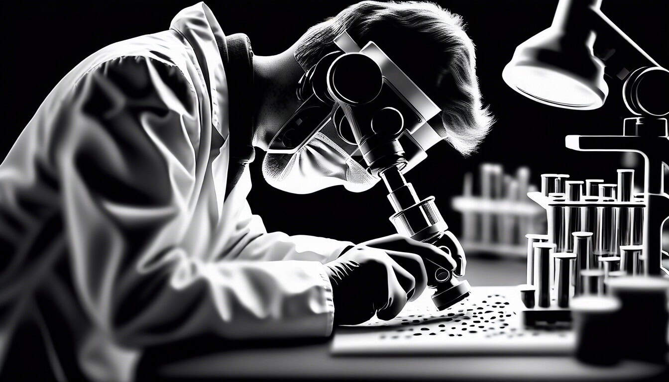 black and white sketch of a forensic scientist examining DNA under a microscope