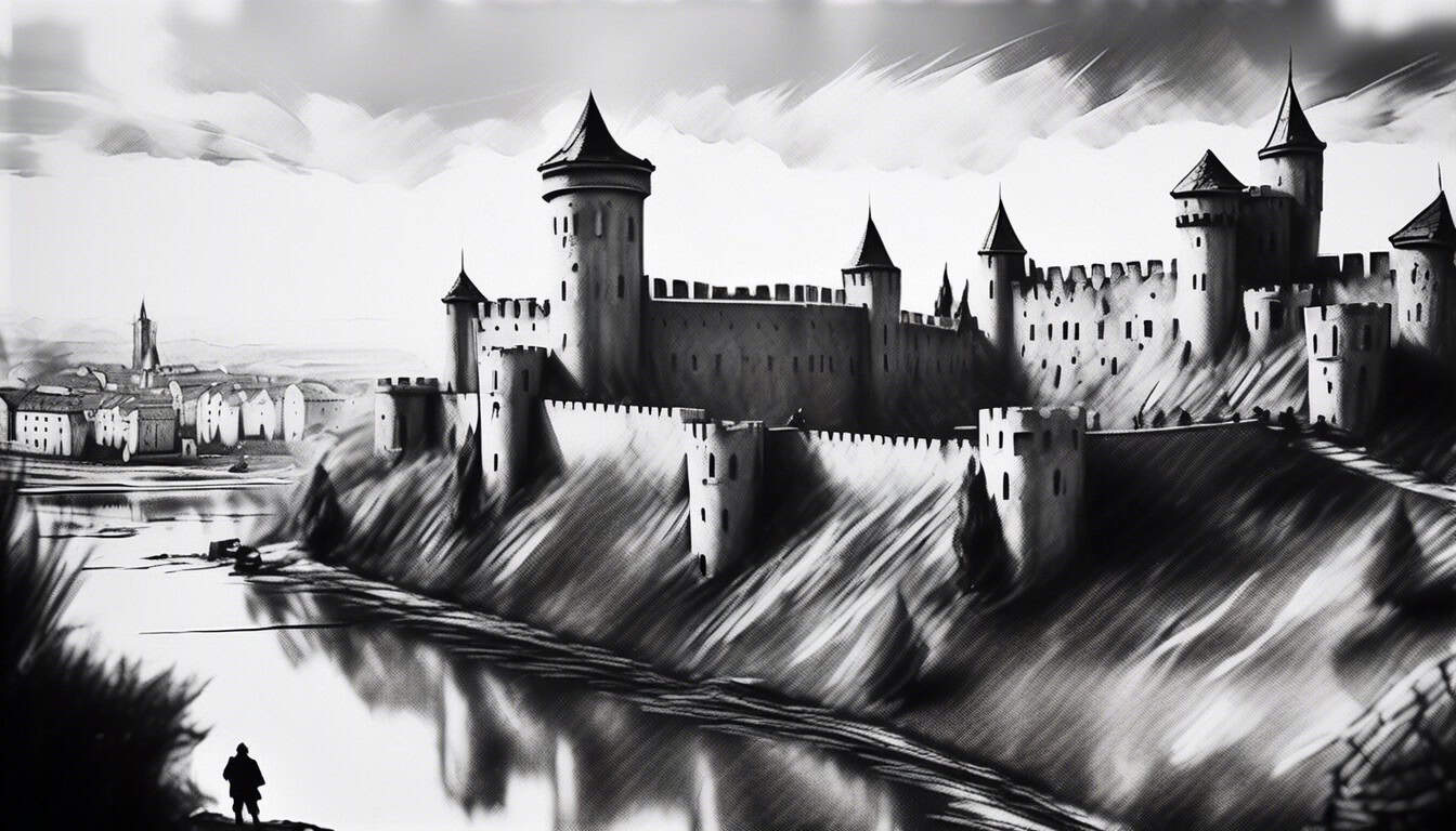 a black and white sketch of a fortified city landscape with watchful figures