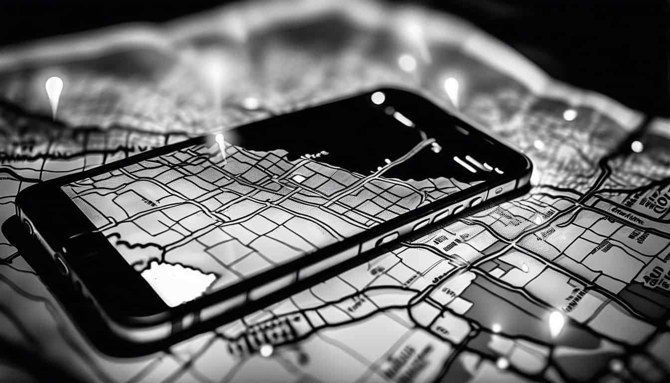 black and white sketch of a smartphone casting light on dark map