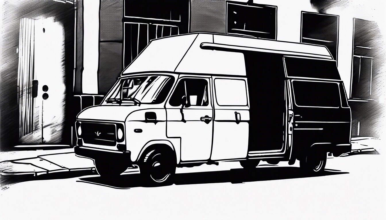 black and white sketch of a van in a dark alley