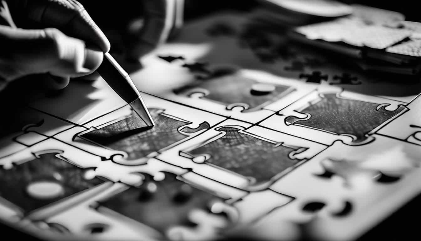 A black and white sketch of a detective puzzle board