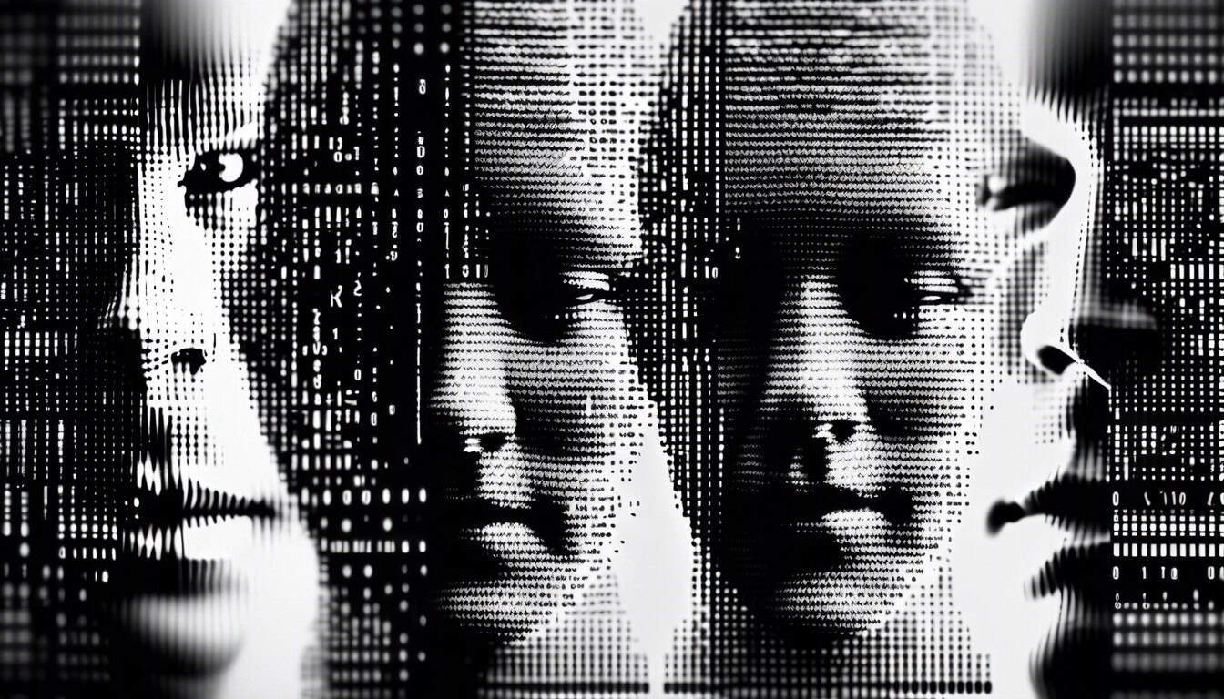 Black and white sketch of two identical faces with one fading into binary code