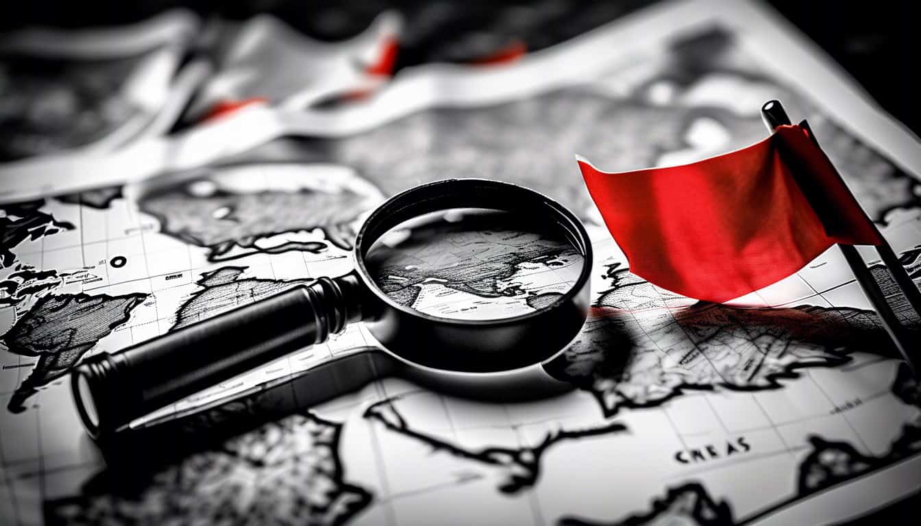 Black and white sketch of a magnifying glass over a map with red flags