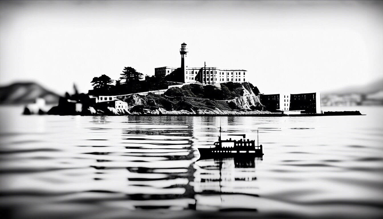 black and white sketch of Alcatraz Island and a boat in the water