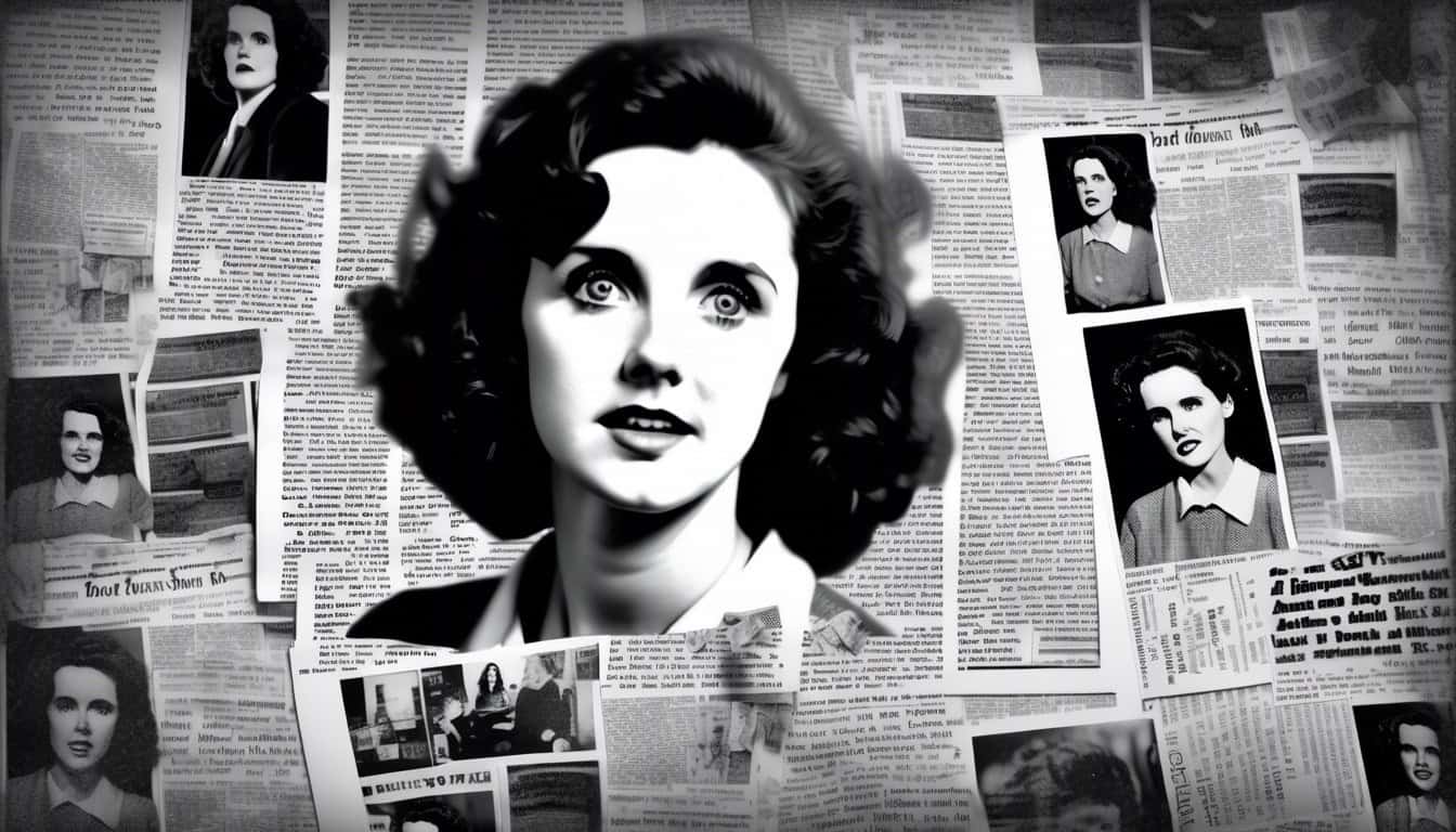 a black and white sketch of Elizabeth Short with newspaper clippings surrounding her