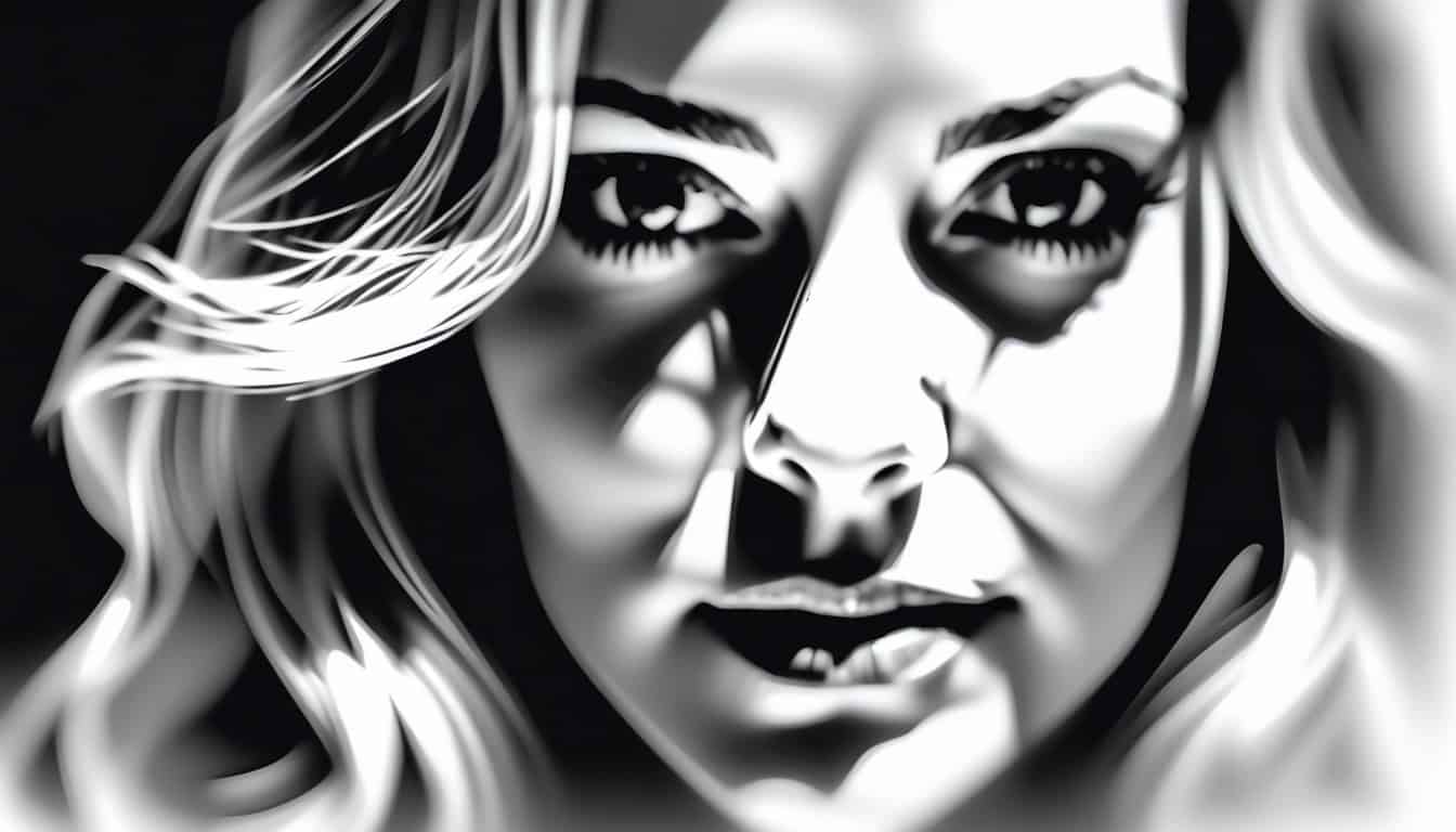 Black and white sketch of Lori Vallow with shadows distorting her features