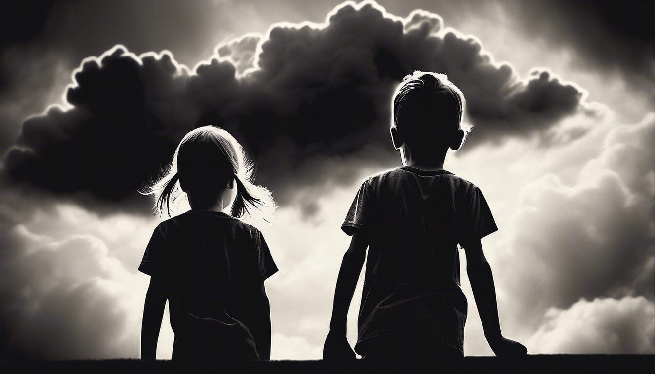 Black and white sketch of siblings with a dark cloud overhead