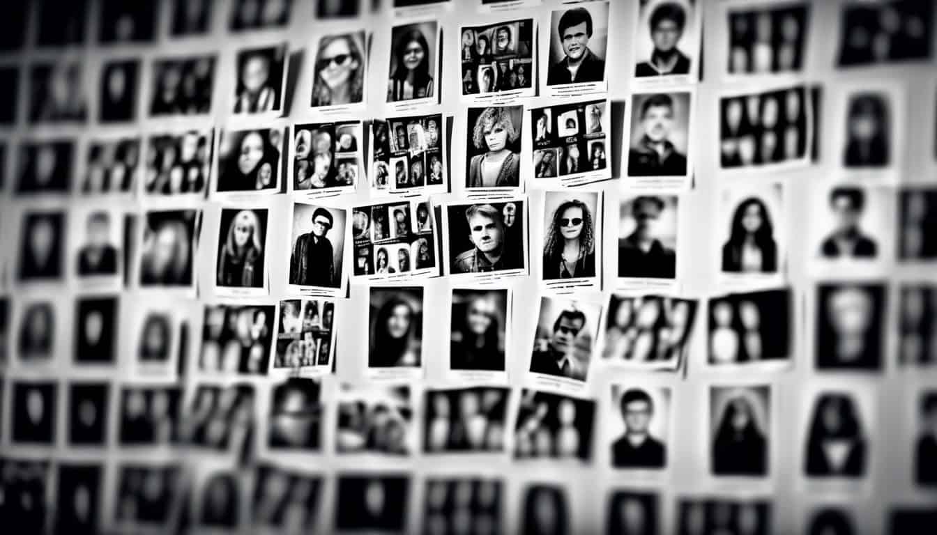 Black and white sketch of a wall filled with missing persons posters