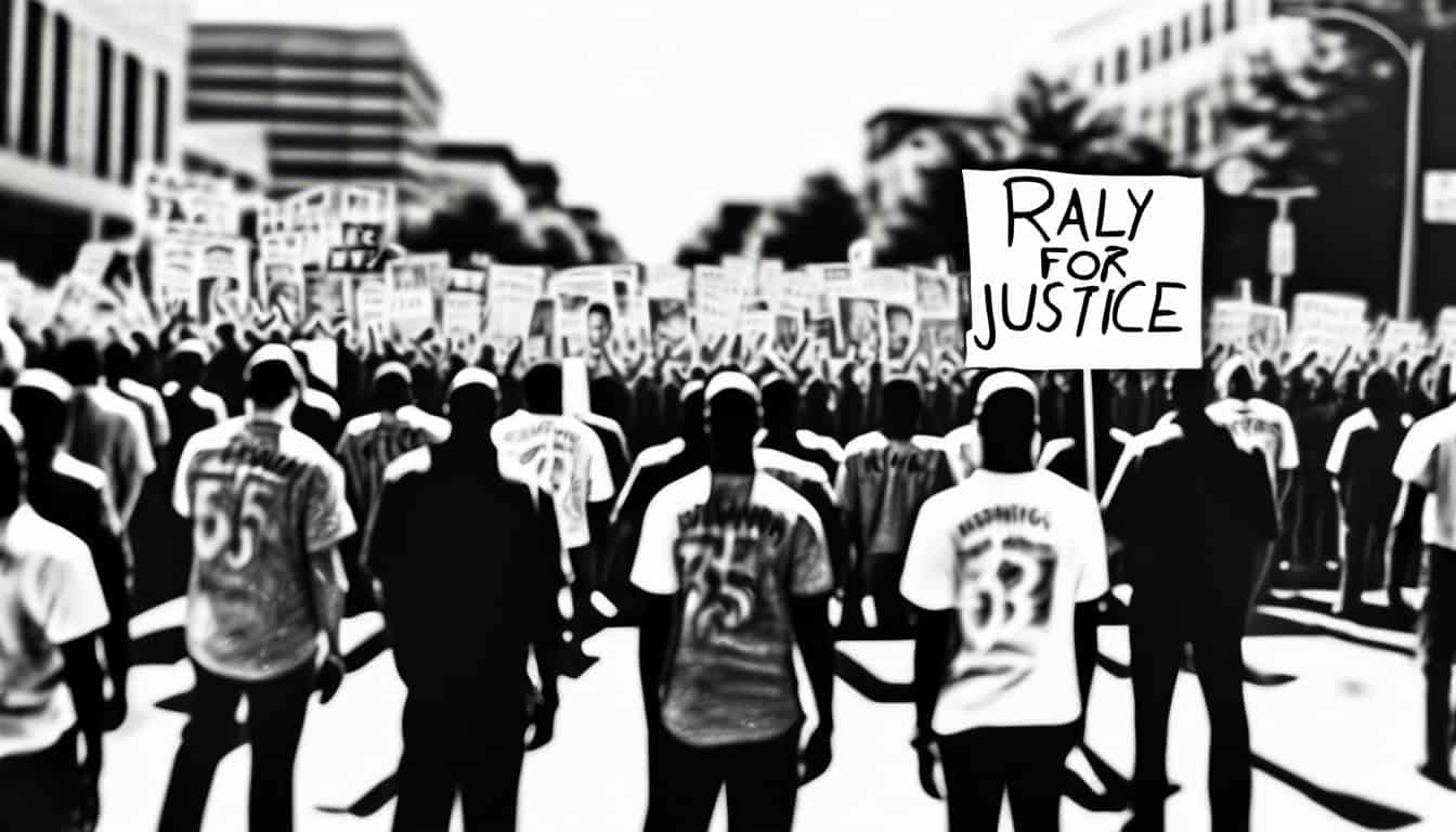 black and white sketch of a rally for justice reform featuring the West Memphis Three