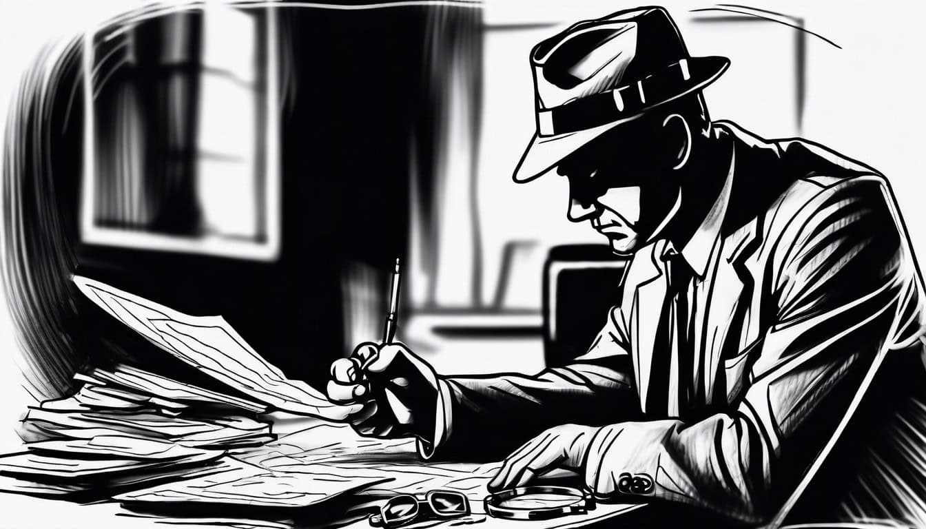Black and white sketch of a detective scrutinizing false leads