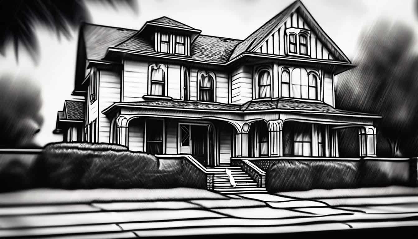 Black and white sketch of the Watts family home exterior