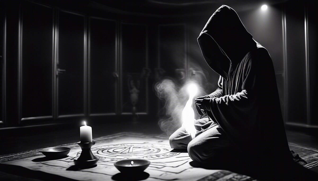 a black and white sketch of a hooded figure performing a ritual in a dark room with Hollywood symbolism