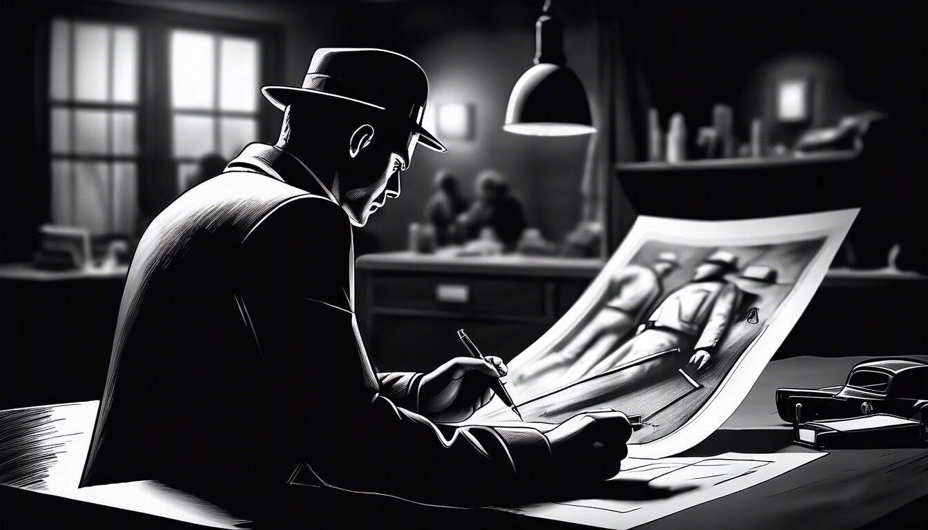Black and white sketch of a detective at a crime scene, deeply analyzing evidence