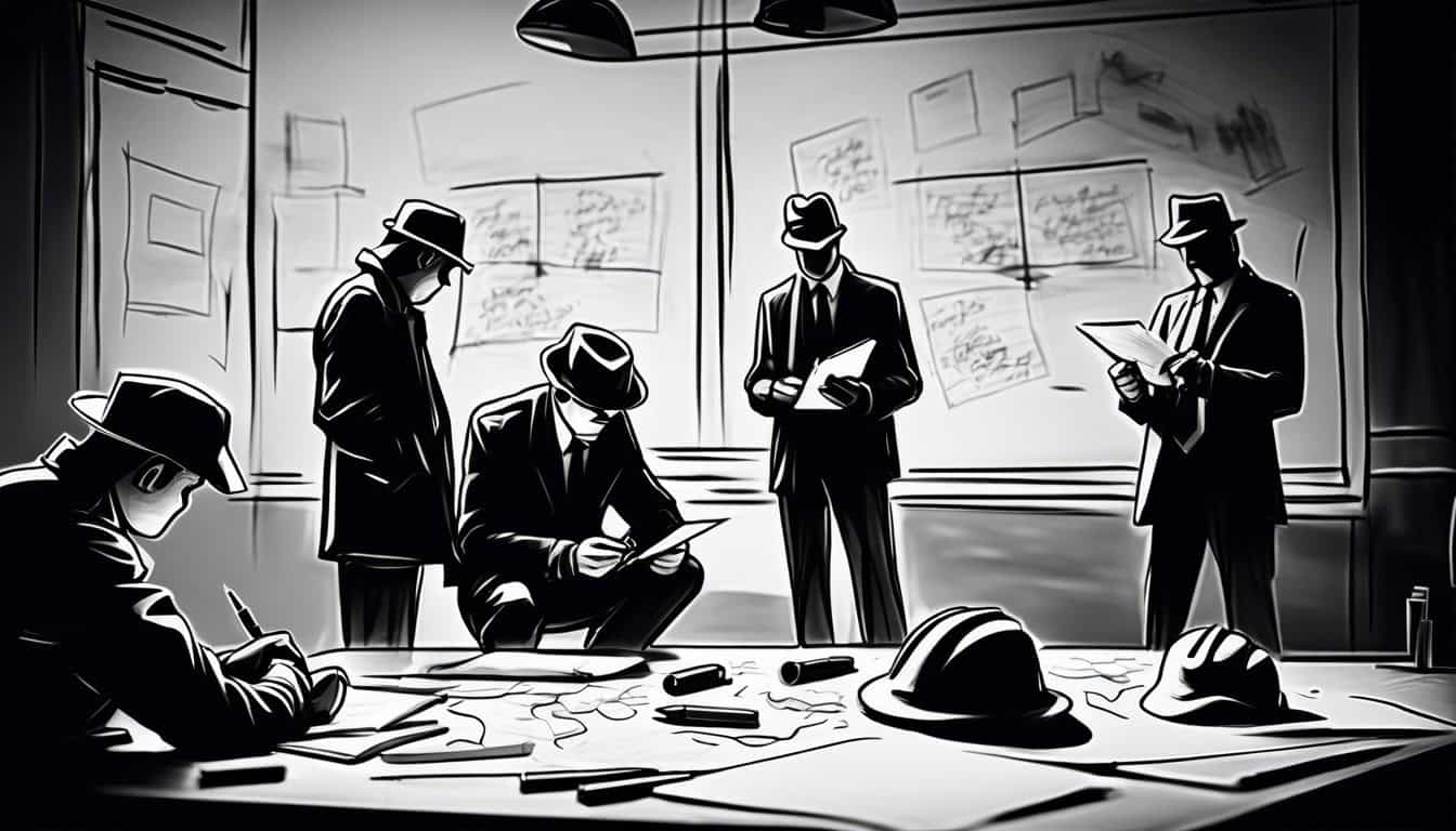 black and white sketch of detectives at a crime scene making notes
