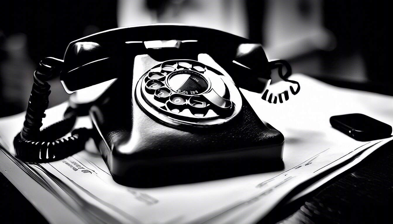 Black and white sketch of a vintage phone and an anxious operator
