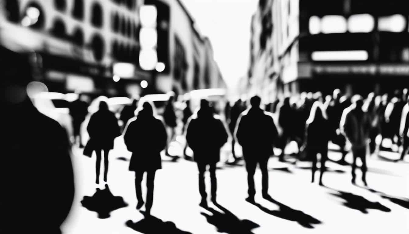 A black and white sketch of a frantic urban scene with people in alarm