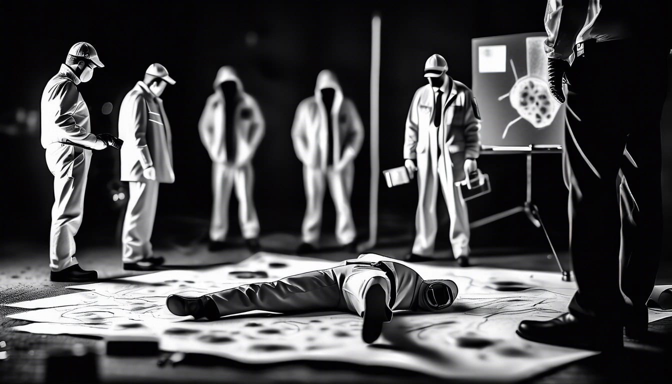 Black and white sketch of investigators at a crime scene using advanced forensic tools