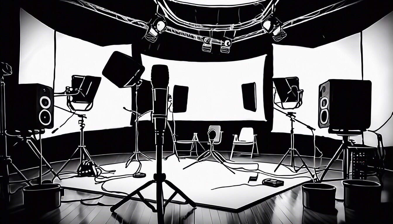 Black and white sketch of a podcast studio with equipment