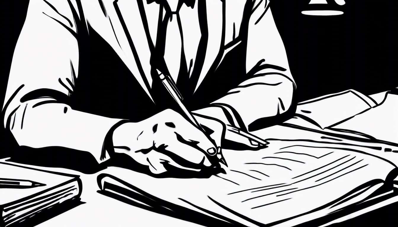 black and white sketch of a psychologist taking notes during a court case