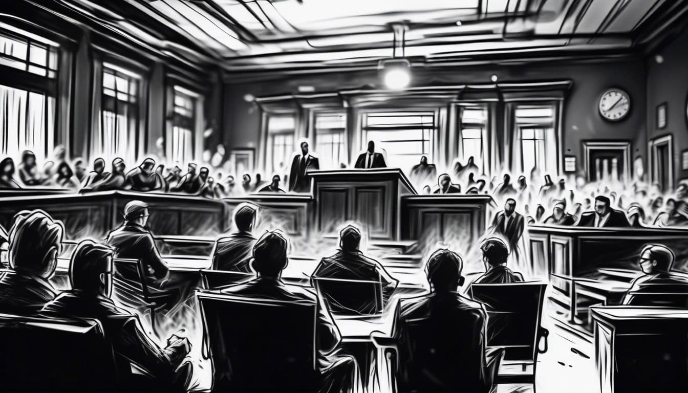 Black and white sketch of a chaotic courtroom scene
