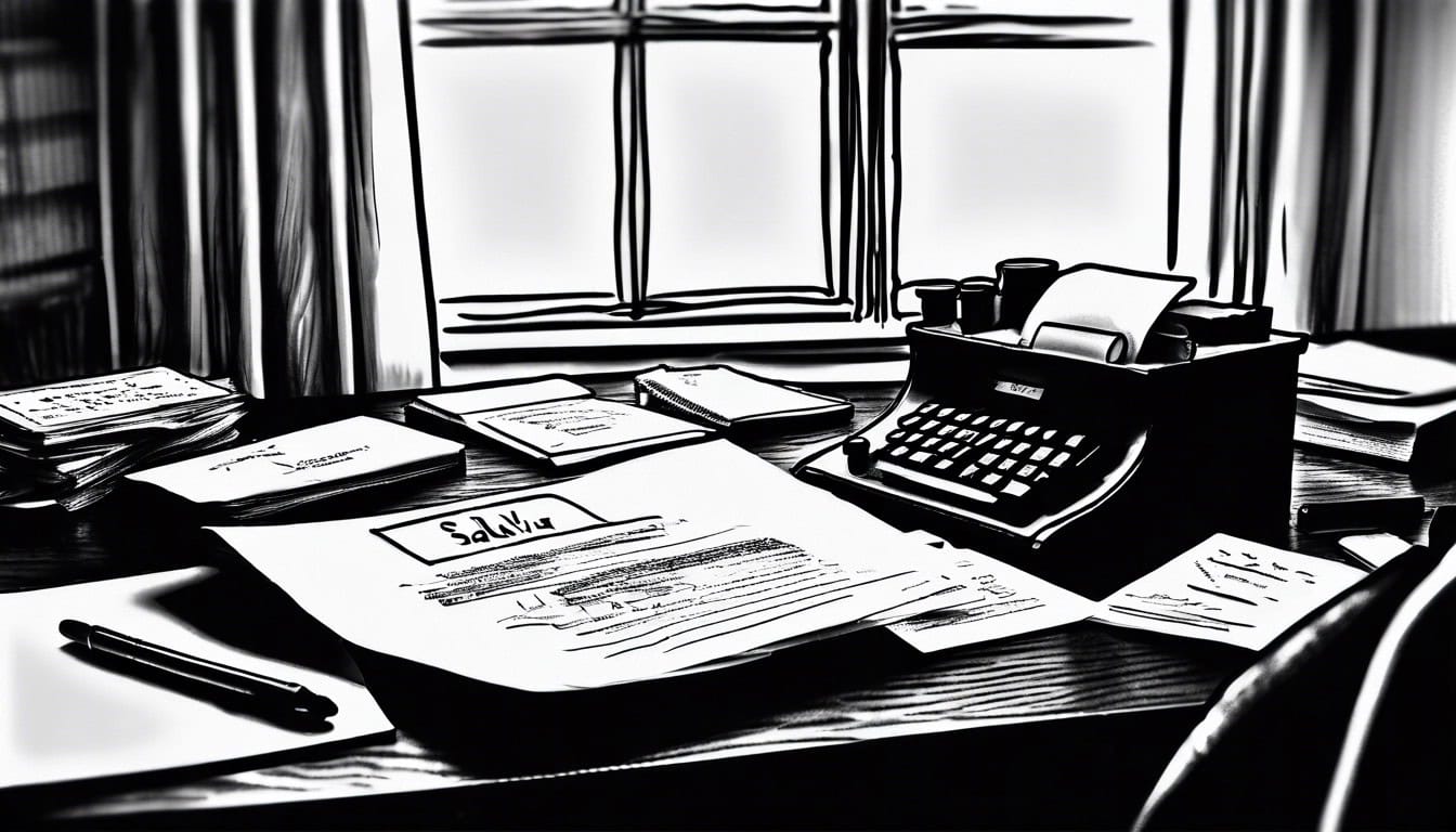 A black and white sketch of a psychiatrist's desk with an open file marked 'Y. Saldivar'.