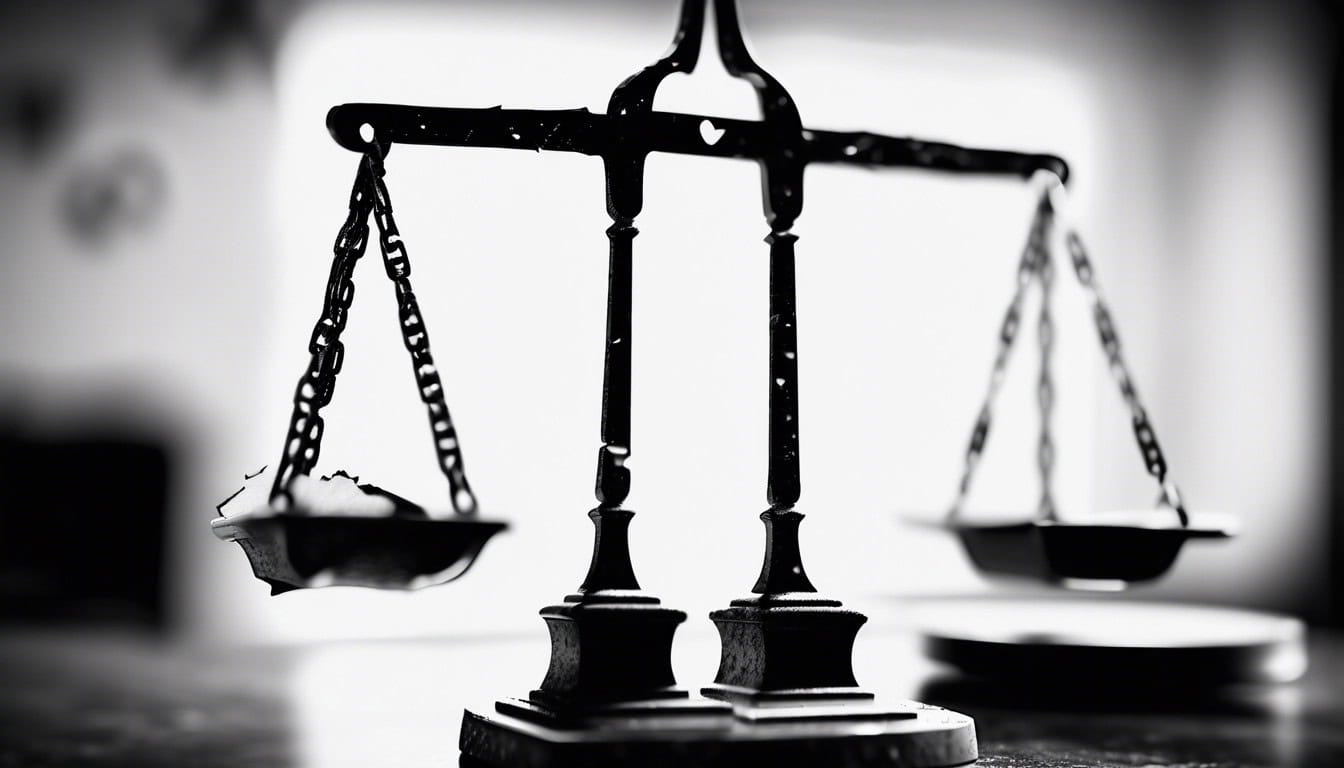 a black and white sketch of a justice scale, partially broken