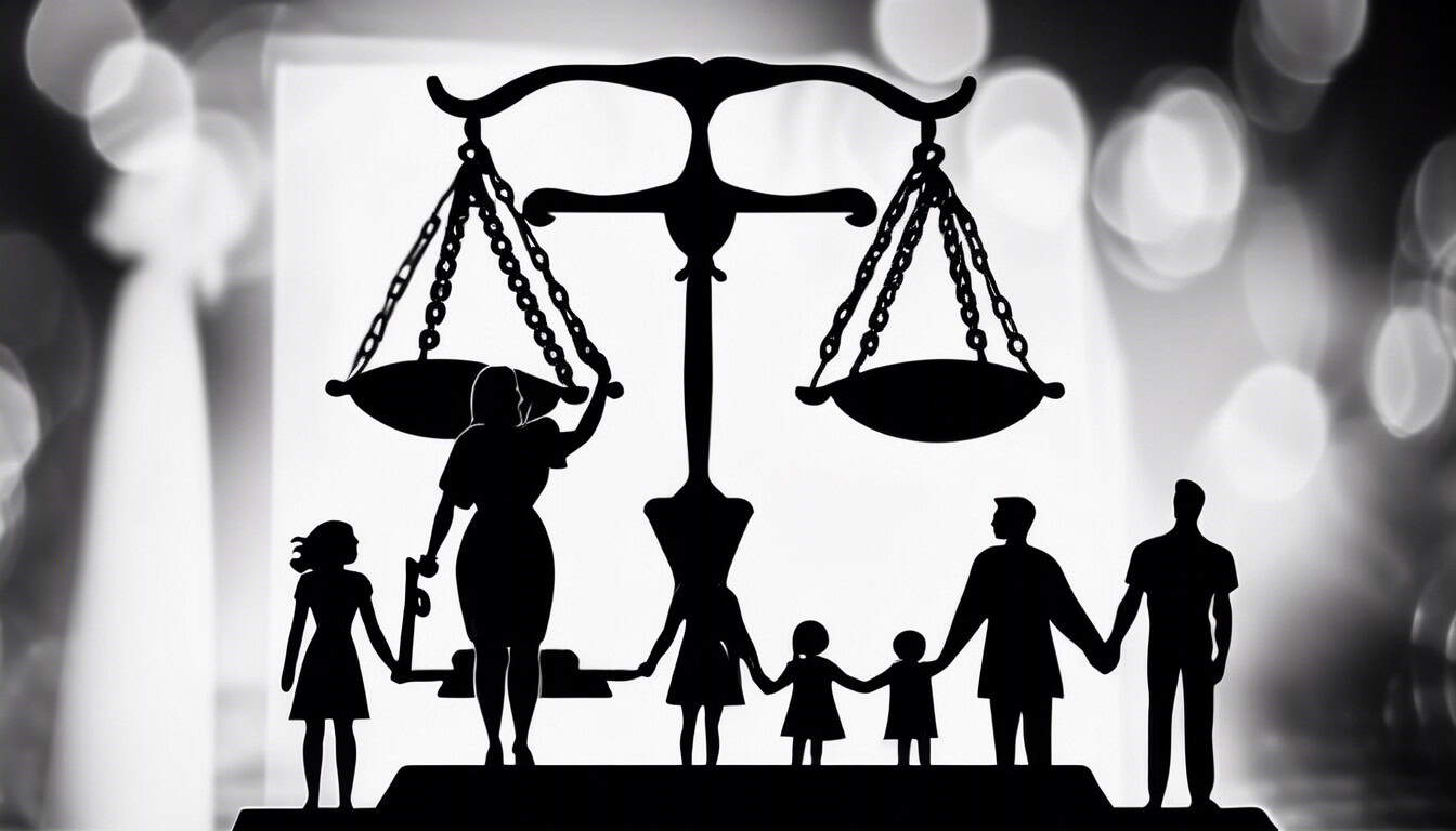 a black and white sketch of a scale of justice overlayed with a silhouette of people holding hands