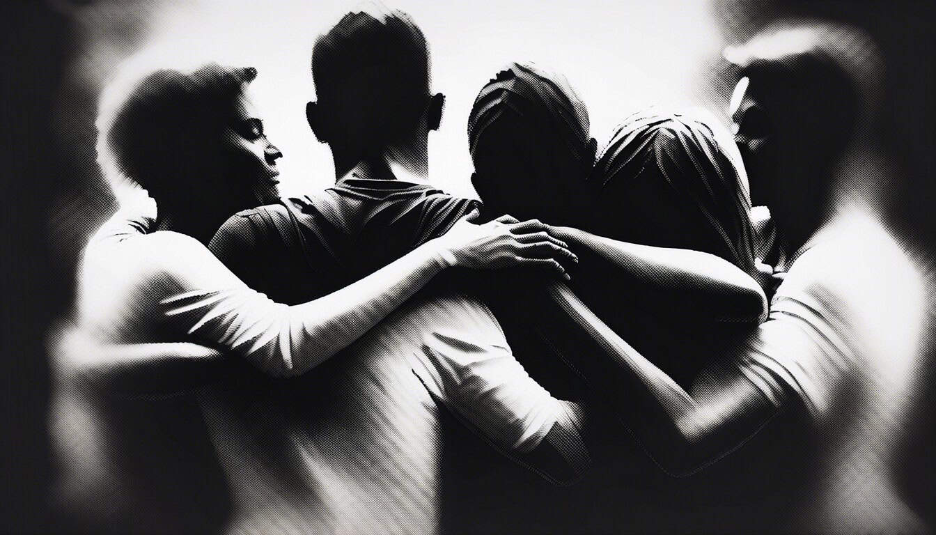 Black and white sketch of a group of people in an embrace, symbolizing human connection and resilience