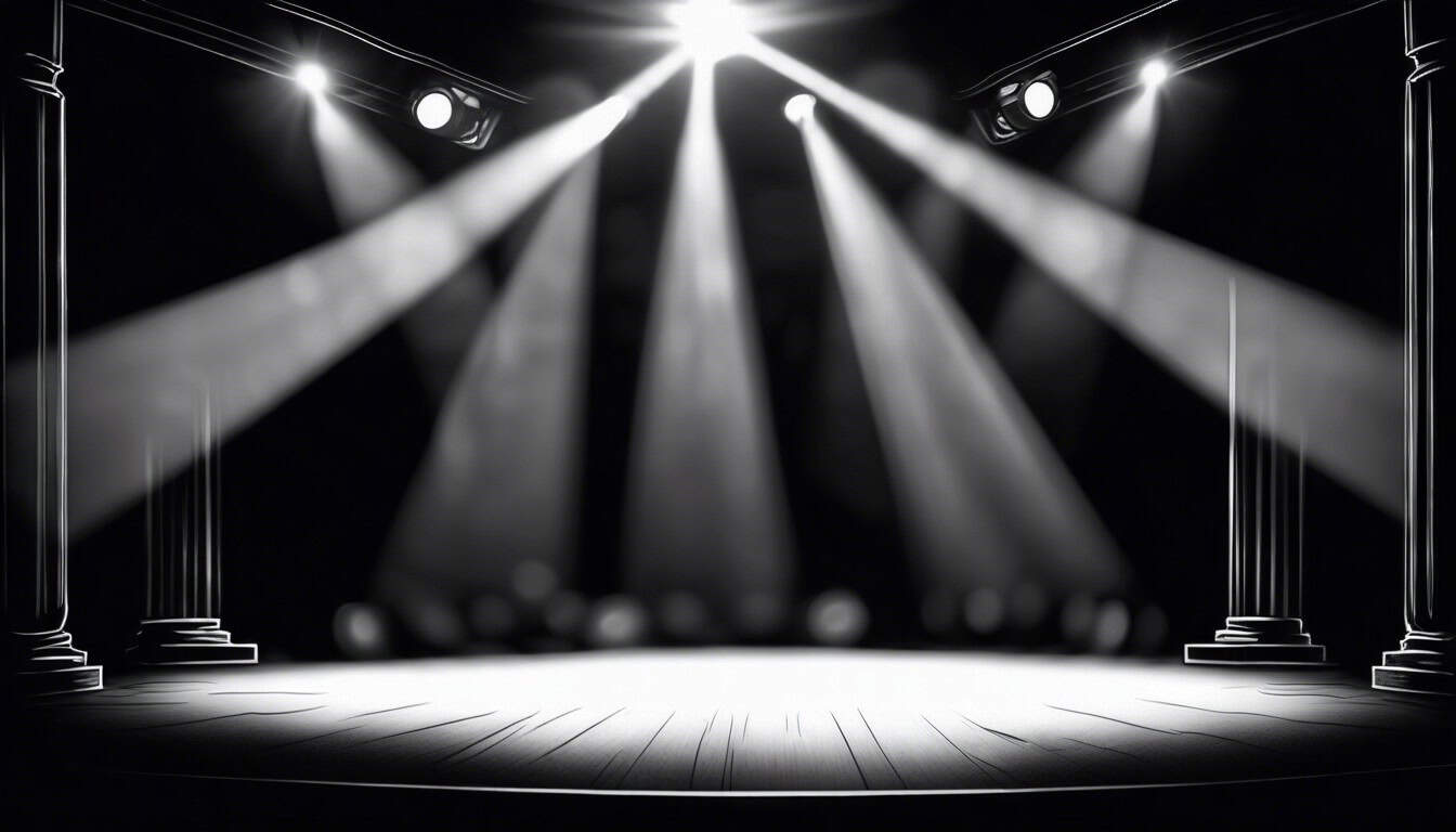 Black and white sketch of a stage with a single spotlight in darkness